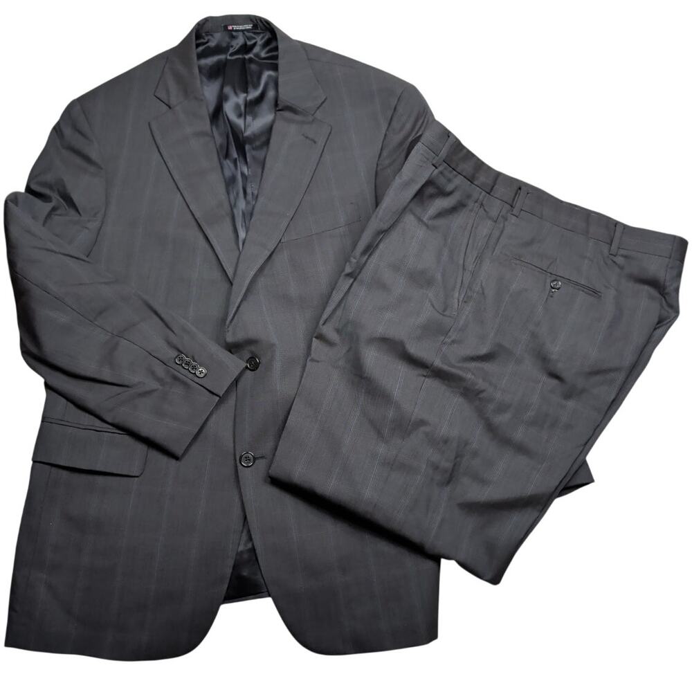 Hart Schaffner Marx Charcoal Gray Windowpane Plaid Suit 43R 2-Piece Wool USA